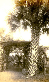 Postcard showing lunch booth at the Koreshan Unity's Rustic Tea Garden in Estero, Florida.