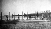 Koreshans setting up "The Air Line" rectilineator on the beach next to the pier in Naples, Florida.