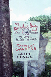 Koreshan Unity sign on Hwy 41 at the Koreshan State Historic Site park in Estero, Florida.