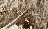 Family standing among moss-covered oaks and palms in Key West, Florida.