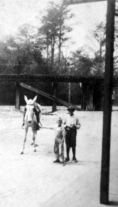 Charles Noegel standing by his friend while holding onto mule - Ellaville, Florida