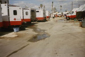 View showing a fleet of American Red Cross trucks in Dade County to aid victims of Hurricane Andrew.