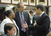 Rep. Joyce Cusack, D-DeLand, left, confers with Democratic leader Dan Gelber, D-Miami Beach and Speaker Marco Rubio, R-Miami, on the House floor during the 2007 Legislature - Tallahassee, Florida .
