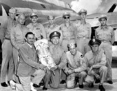 On behalf of congregation of Temple Beth Jacob, Rabbi Moses Mescheloff presents Sefer Torah to member of Air Force