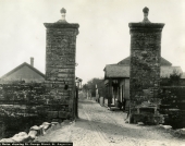 Looking south at city gates on St. George St. in St. Augustine, Florida.