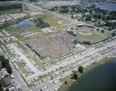 Aerial view overlooking Orlando's Tangerine Bowl during protest rally.