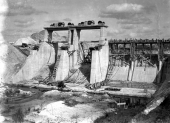 Close-up view showing construction of spillway at the Ortona Lock.