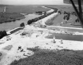 Aerial view overlooking pumping station and hydraulic gate in the CSF Flood Control District near Lake Okeechobee.