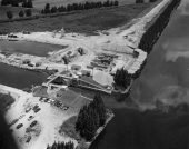 Aerial view overlooking pumping station and hydraulic gate in the CSF Flood Control District near Lake Okeechobee.