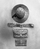 Hat, belt and purses made from coconut palm fronds
