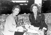 Dr. Patricia Clements, left, and former First Lady Adele Graham preparing for a television interview in the Florida Room of the Governor's Mansion.