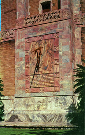 Close-up view of sundial at the base of Bok Tower at the gardens in Lake Wales, Florida.