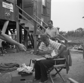 Screenwriter Budd Schulberg on location of the movie "Wind Across the Everglades" in Chokoloskee.