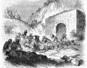 Drawing of Spanish explorers robbing an Indian temple