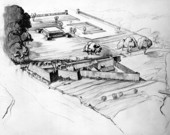 Drawing of reconstruction of the Fort San Marcos de Apalache with state park visitor center - St. Marks, Florida.