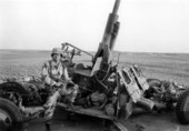 First Lieutenant Robert Bruce Graetz standing next to a destroyed Iraqi anti-aircraft gun approximately 30 miles inside southern Iraq.