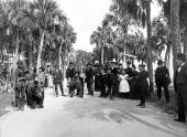People watching tame bears in front of Indian River Hotel.