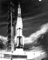 Artist concept of Saturn rocket takeoff