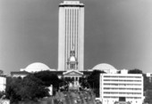 View down Apalachee Parkway at Florida's capitol building.