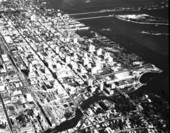 Aerial view showing downtown Miami - Dade County, Florida.