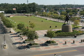 Bird's eye view showing bronze sculpture "Unconquered" by Fritz White at the FSU Doak Campbell football stadium - Tallahassee, Florida.