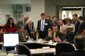 Governor Jeb Bush talking with Florida Division of Emergency Management Director W. Craig Fugate during Hurricane Charley media briefing - Tallahassee, Florida.