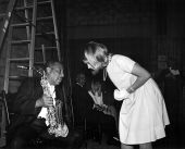 John Cornelius "Johnny" Hodges, alto saxophonist from the Duke Ellington Orchestra, talking to student at the Pine Crest School - Fort Lauderdale, Florida.