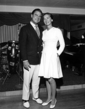 Portrait of Miss America Pageant host Bert Parks with unidentified woman at Lago Mar - Fort Lauderdale, Florida.