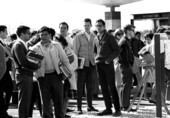 Students waiting during bomb scare at the Miami-Dade Junior College North Campus - Miami, Florida.