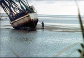 Lloyd "Buddy" Kight cleans the barnacles off of his shrimp boat - Horseshoe Beach, Florida