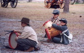 Unidentified boys sitting with their drums at the Olustee Battlefield Historic State Park reenactment festival - Baker County, Florida.