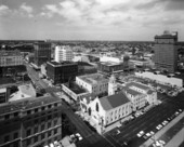 Bird's eye view looking northwest over a section of downtown Tampa.