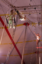 View showing FSU students during a circus trapeze performance in Tallahassee, Florida.
