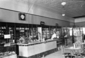 Interior view showing soda counter inside an unidentified drugstore in Florida.