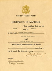 United States Army certificate of marriage for Lt. James Leroy Maloney and Margaret Frances Lill.