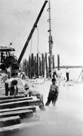 Railroad workers constructing the Florida East Coast Railway's overseas extension.