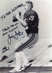 Portrait of FSU football quarterback Jimmy Jordan signed for the Silver Slipper.