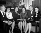 First Lady Lady Bird Johnson and others aboard a campaign train.