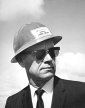 Florida Governor Farris Bryant wearing a hard hat