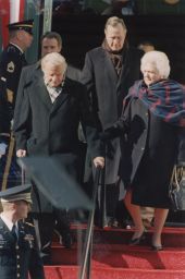 Billy Graham, George Bush, and Barbara Bush arriving at prayer breakfast.