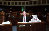 Portrait of Florida State Senator Charles D. Williams seated next to a teddy bear on his desk during the 1996 Legislative Session - Tallahassee, Florida.