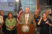 Secretary of State Kurt Browning addressing the media at the State Emergency Operations Center during a Tropical Storm Fay briefing - Tallahassee, Florida..