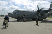 View of the U.S. Air Force turboprop airplane used to transport Governor Charlie Crist during Tropical Storm Fay.