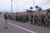 Governor Charlie Crist with Florida National Guard troops preparing for Tropical Storm Fay.