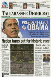 Front page of the Tallahassee Democrat newspaper reporting the 2008 victory for President-Elect Obama.