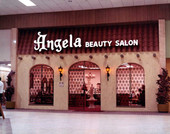 Storefront of the Angela Beauty Salon in the Northwood Mall on opening day - Tallahassee, Florida.