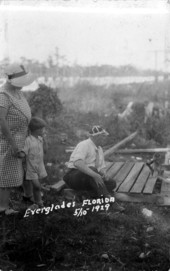 Postcard of the Miller family in the Everglades swamp watching a monkey drink from a bottle