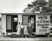 Supervisor Dewitt Upthegrove with employees at the voter registration trailer in Palm Beach.