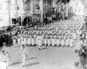 Sailors on parade celebrating the arrival of the first train - Key West, Florida.
