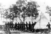 Company B of the 21st Infantry at camp on Company Street during the Spanish-American war.